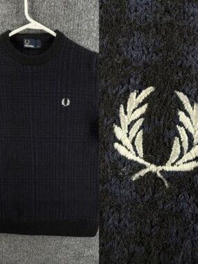 Fred Perry Thick Crew Neck Wool Cotton XS Pullover Logo Black Sweater Designer